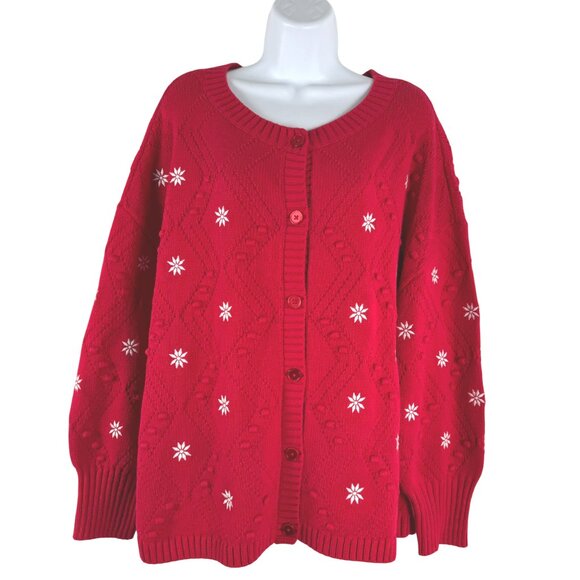 Talbots Embroidered Bobble Cardigan Sweater 2X Red White Snowflake NWT CJ-2048 - Picture 1 of 9